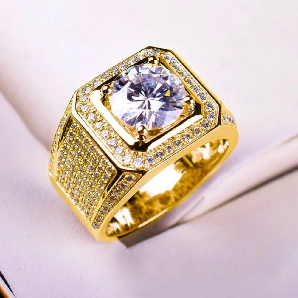 Big 2.50 Ctw. Men's Micro Pave Diamond Ring 18K. Yellow Gold Pltd. - Picture 3 of 4